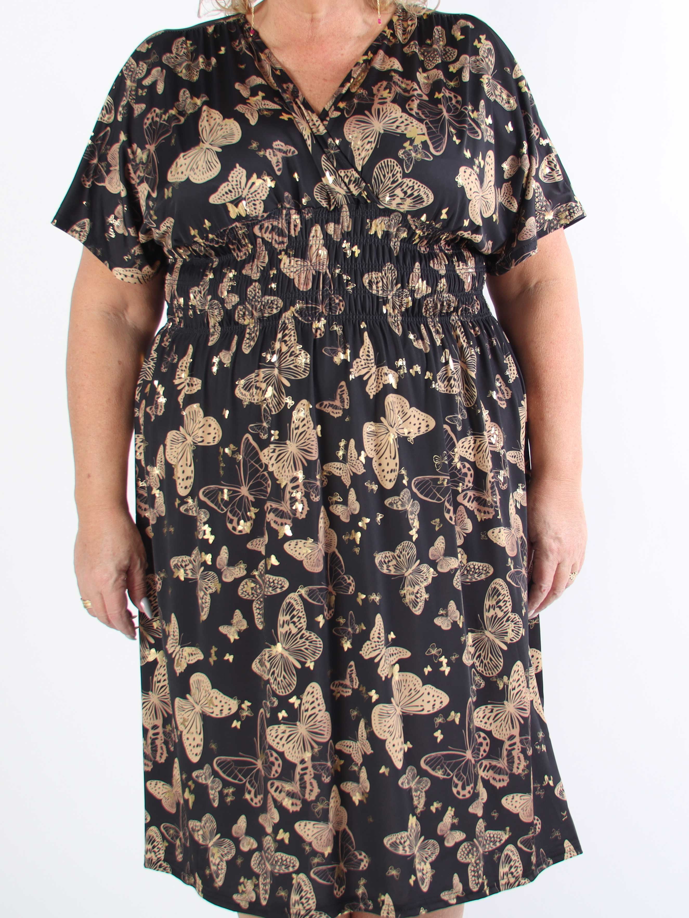 Pams Butterfly Midi S/S - Elastisk plus size-klänning med fjärilsmönster